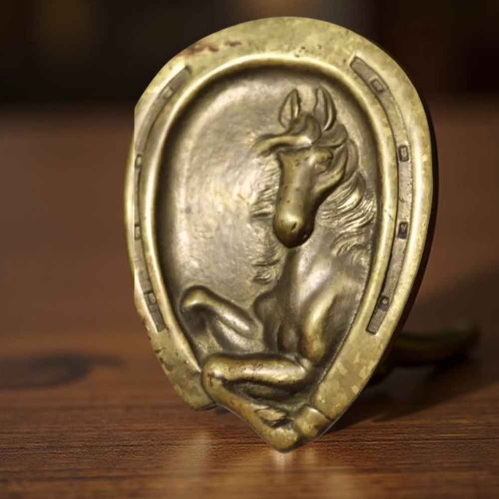 Vintage Solid Brass Horseshoe Shaped Ashtray or Trinket Tray With Horse Figure